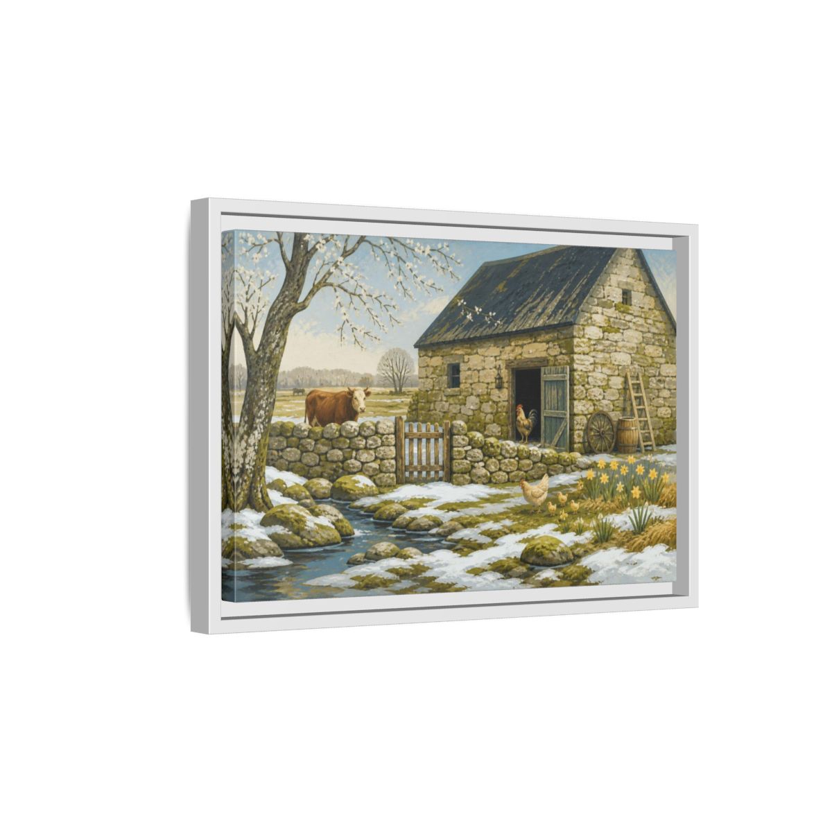 Side Mockup 4. Rustic Stone Barn Scene shown as framed canvas print