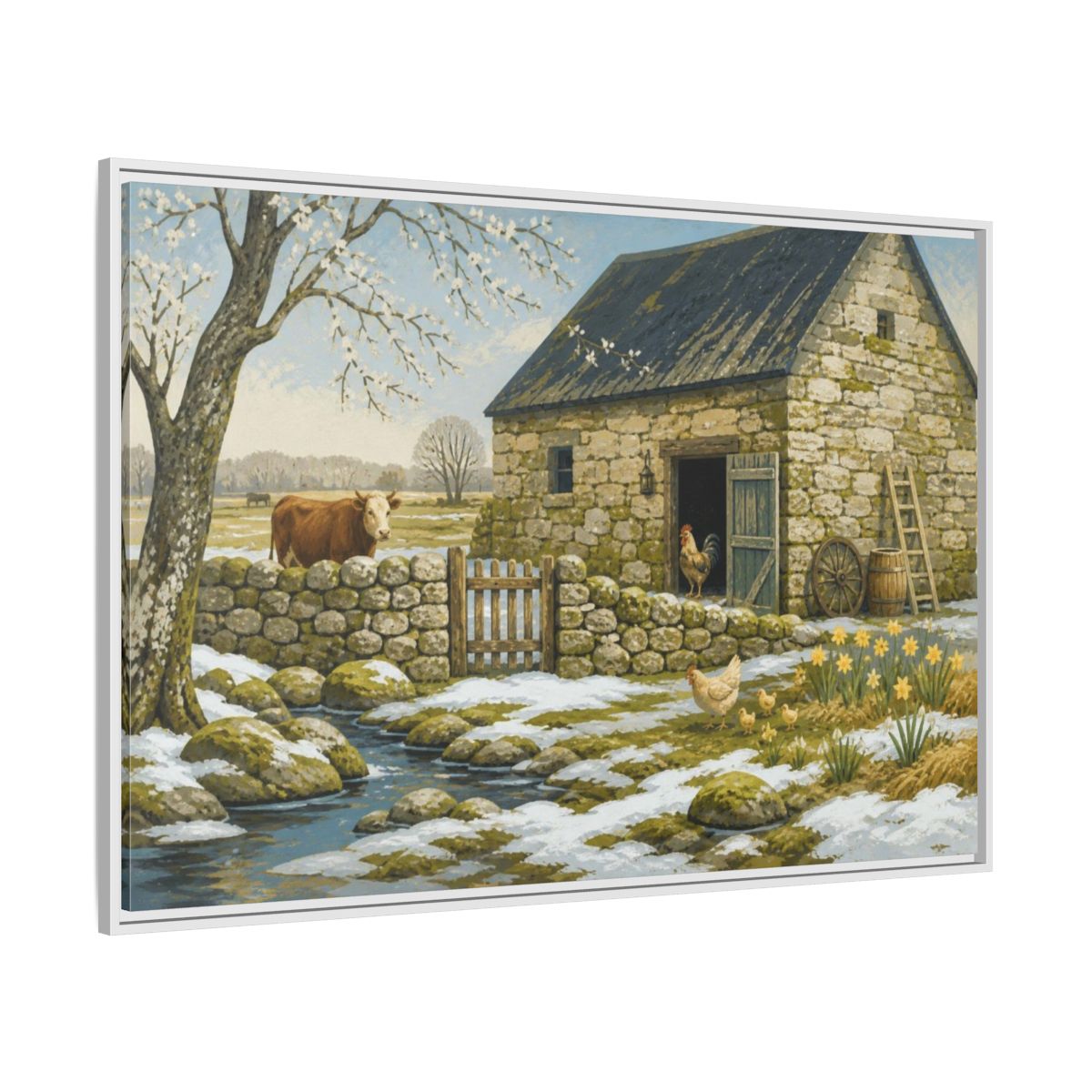 Side Mockup 7. Rustic Stone Barn Scene shown as framed canvas print