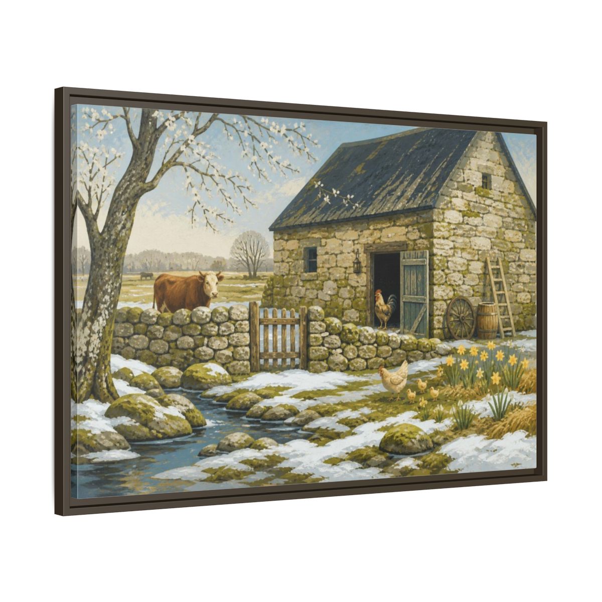 Main Mockup. Rustic Stone Barn Scene shown as framed canvas print