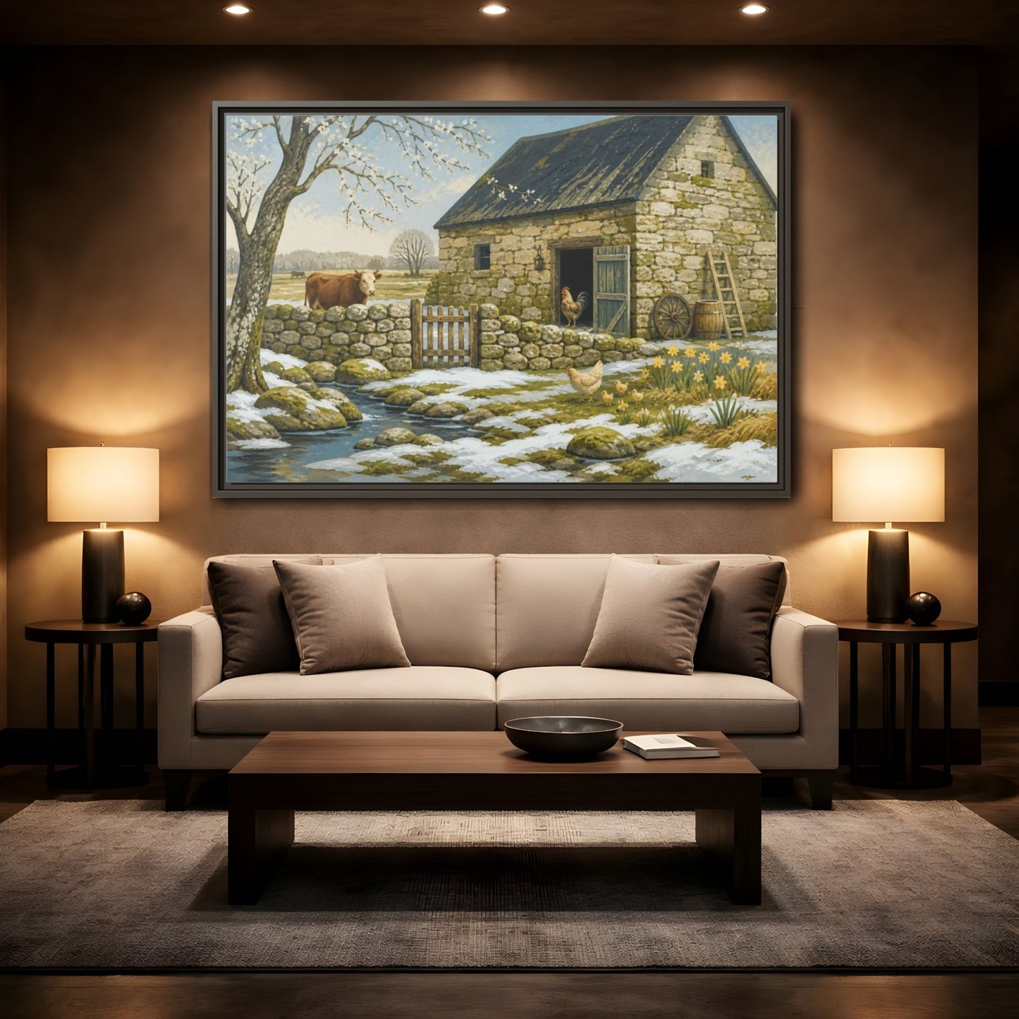 Mockup 2. Rustic Stone Barn Scene shown as framed canvas print