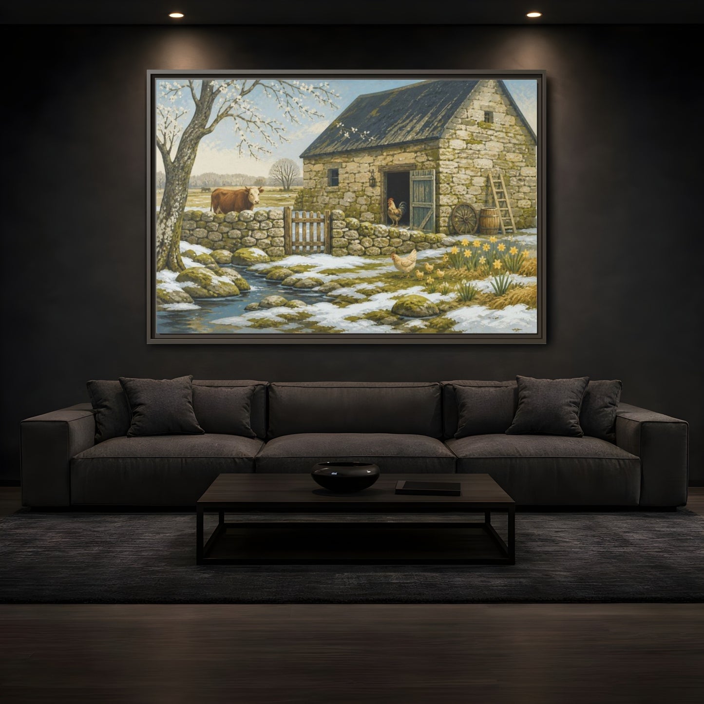 Mockup 3. Rustic Stone Barn Scene shown as framed canvas print