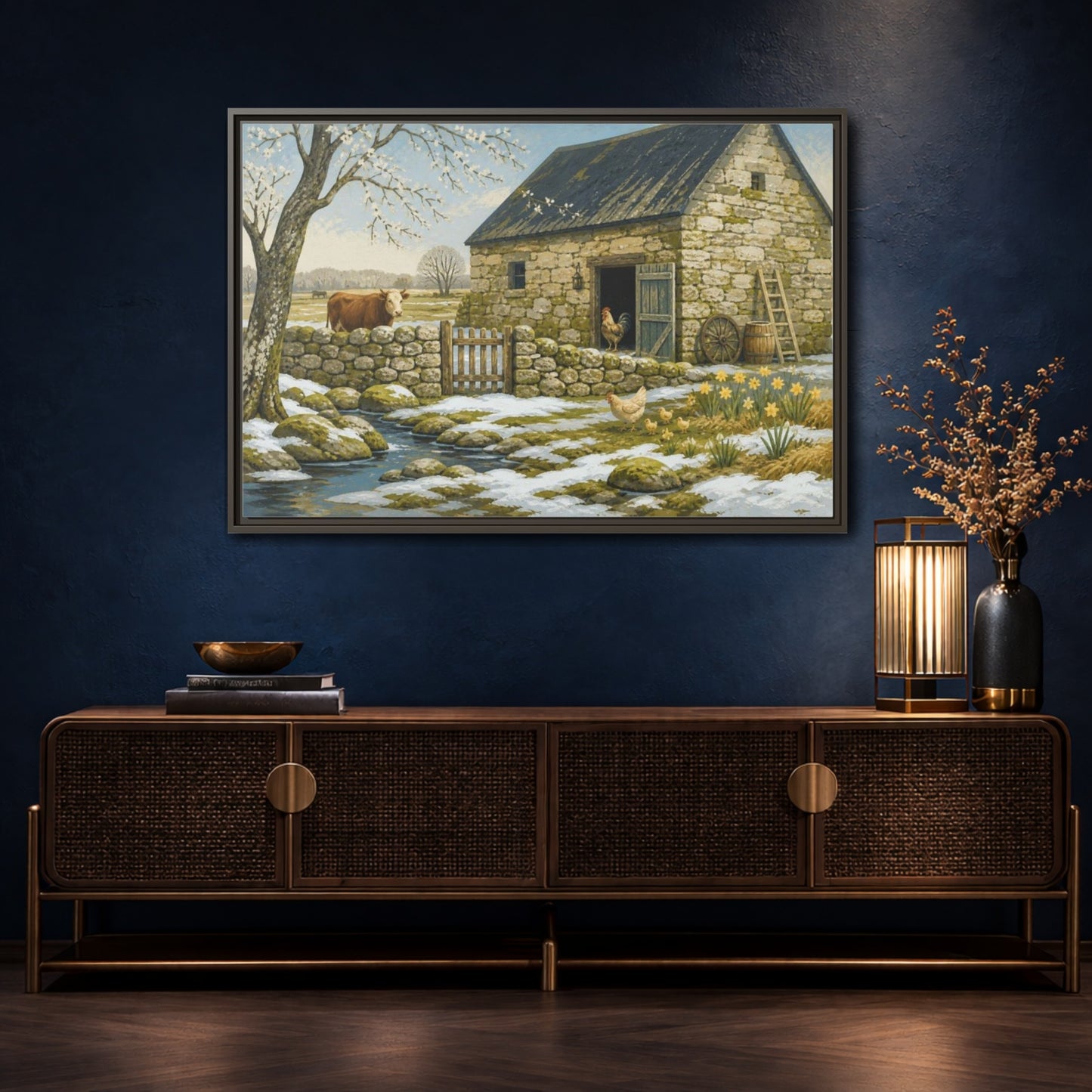Mockup 4. Rustic Stone Barn Scene shown as framed canvas print
