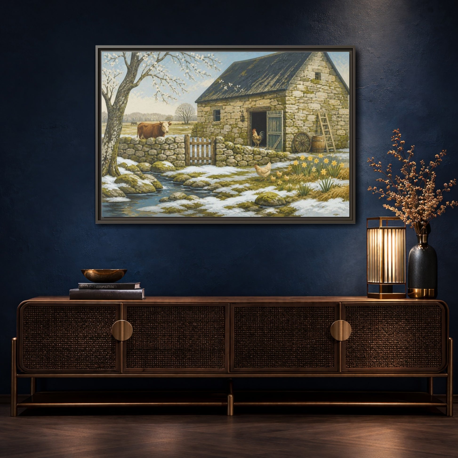 Mockup 4. Rustic Stone Barn Scene shown as framed canvas print