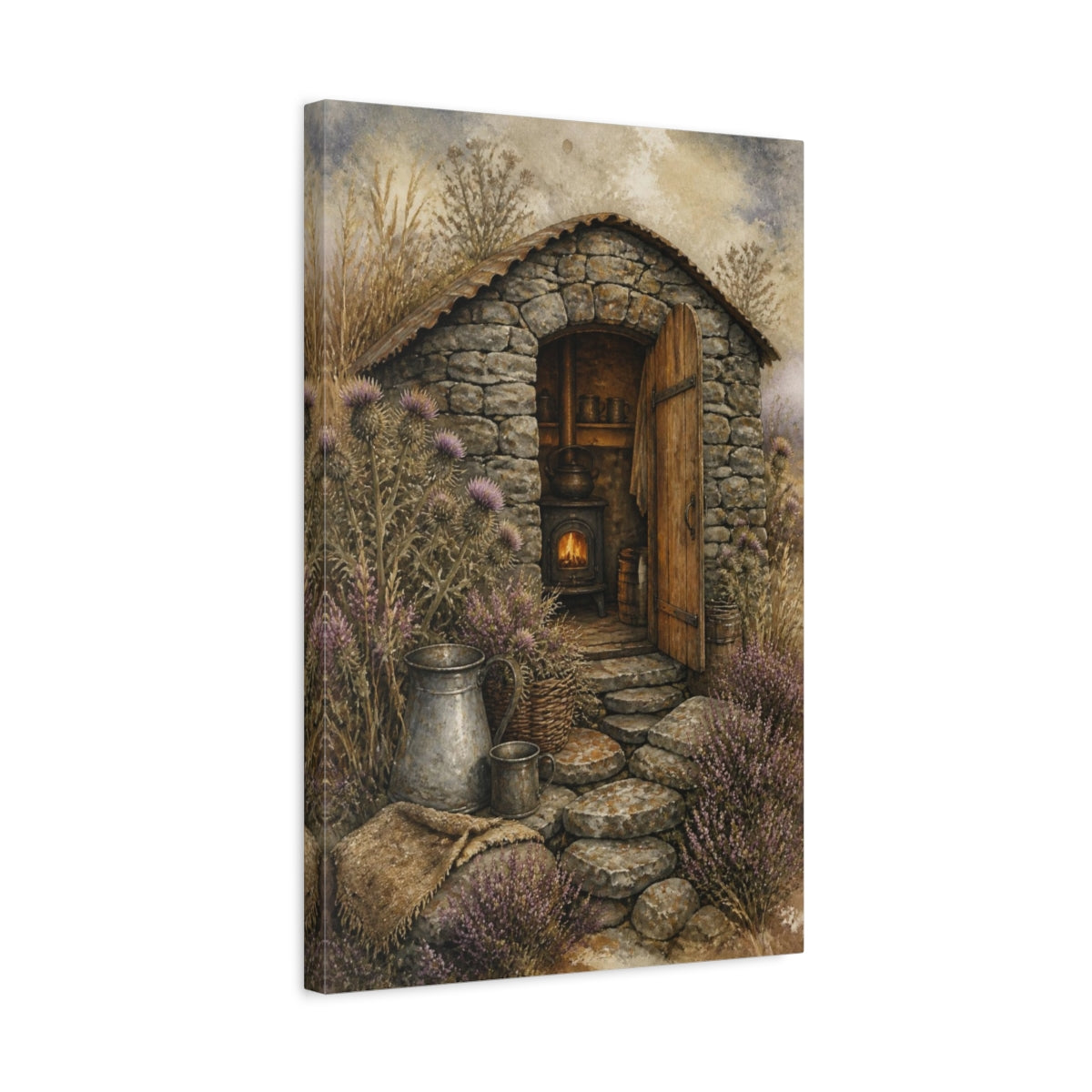 Side Mockup 3. Rustic Stone Shepherd Hut shown as canvas print