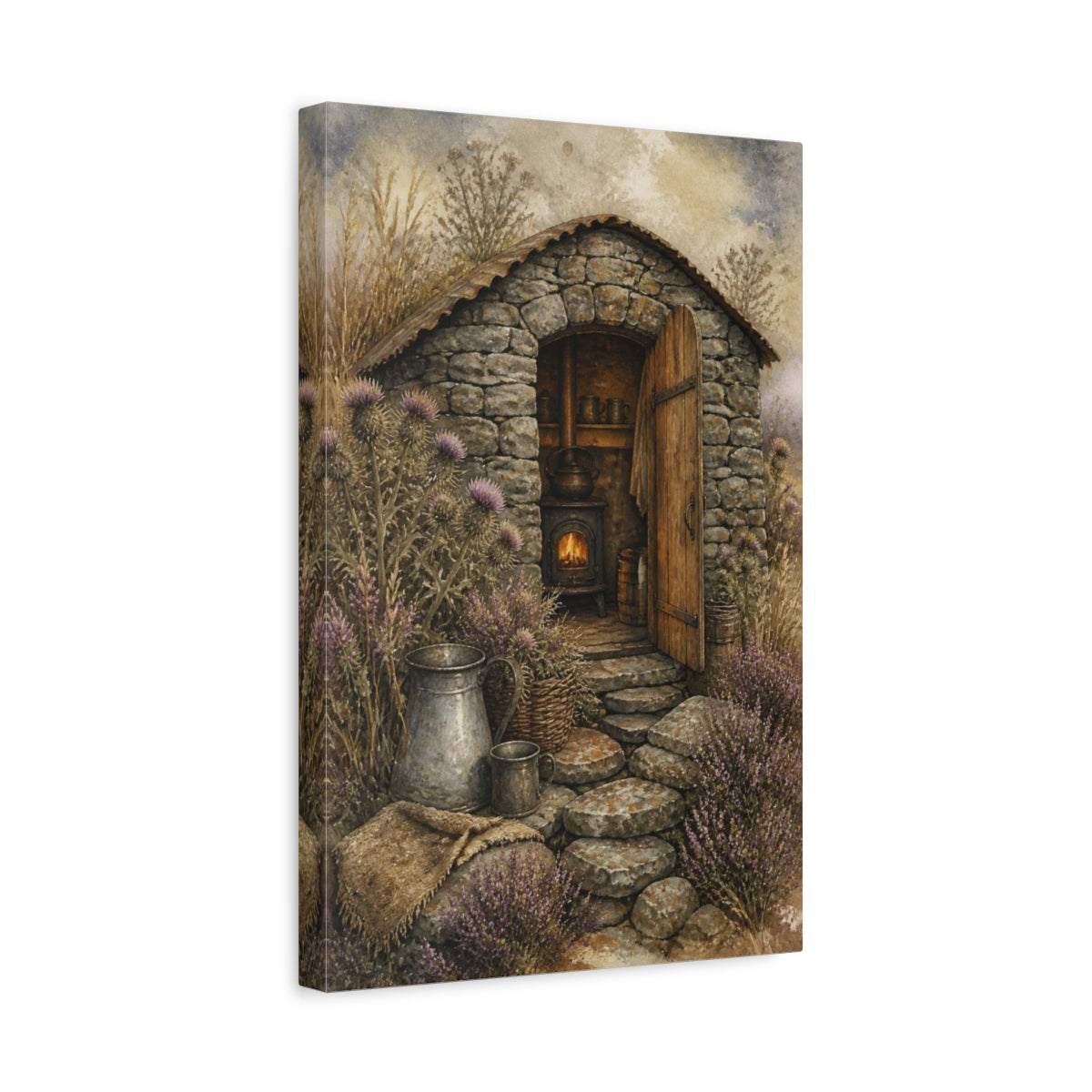 Side Mockup 4. Rustic Stone Shepherd Hut shown as canvas print