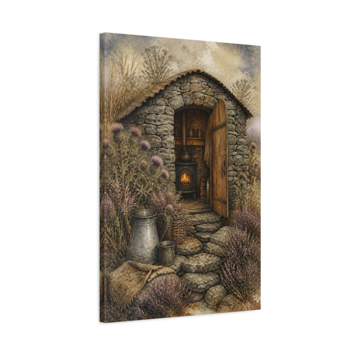 Side Mockup 2. Rustic Stone Shepherd Hut shown as canvas print