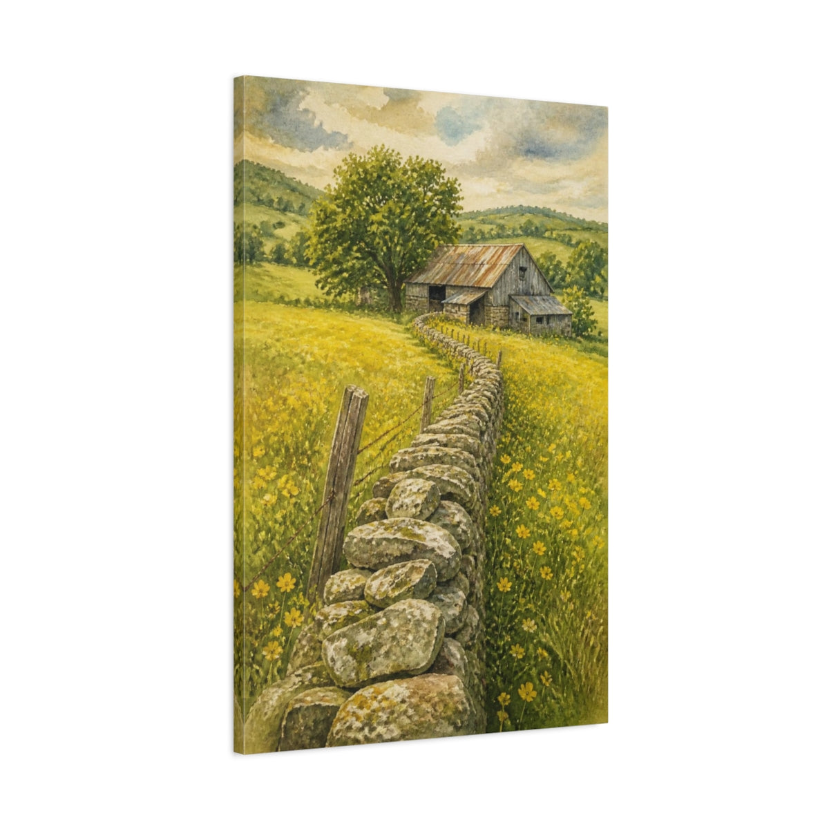 Main Mockup. Rustic Stone Wall Barn shown as canvas print