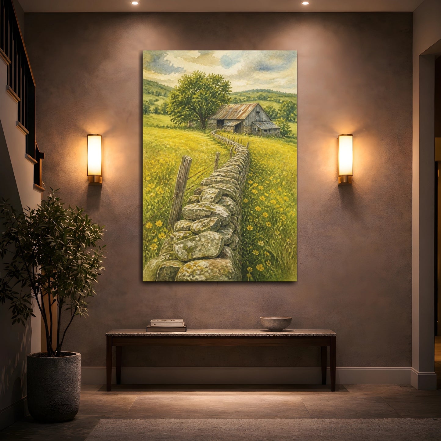 Mockup 2. Rustic Stone Wall Barn shown as canvas print