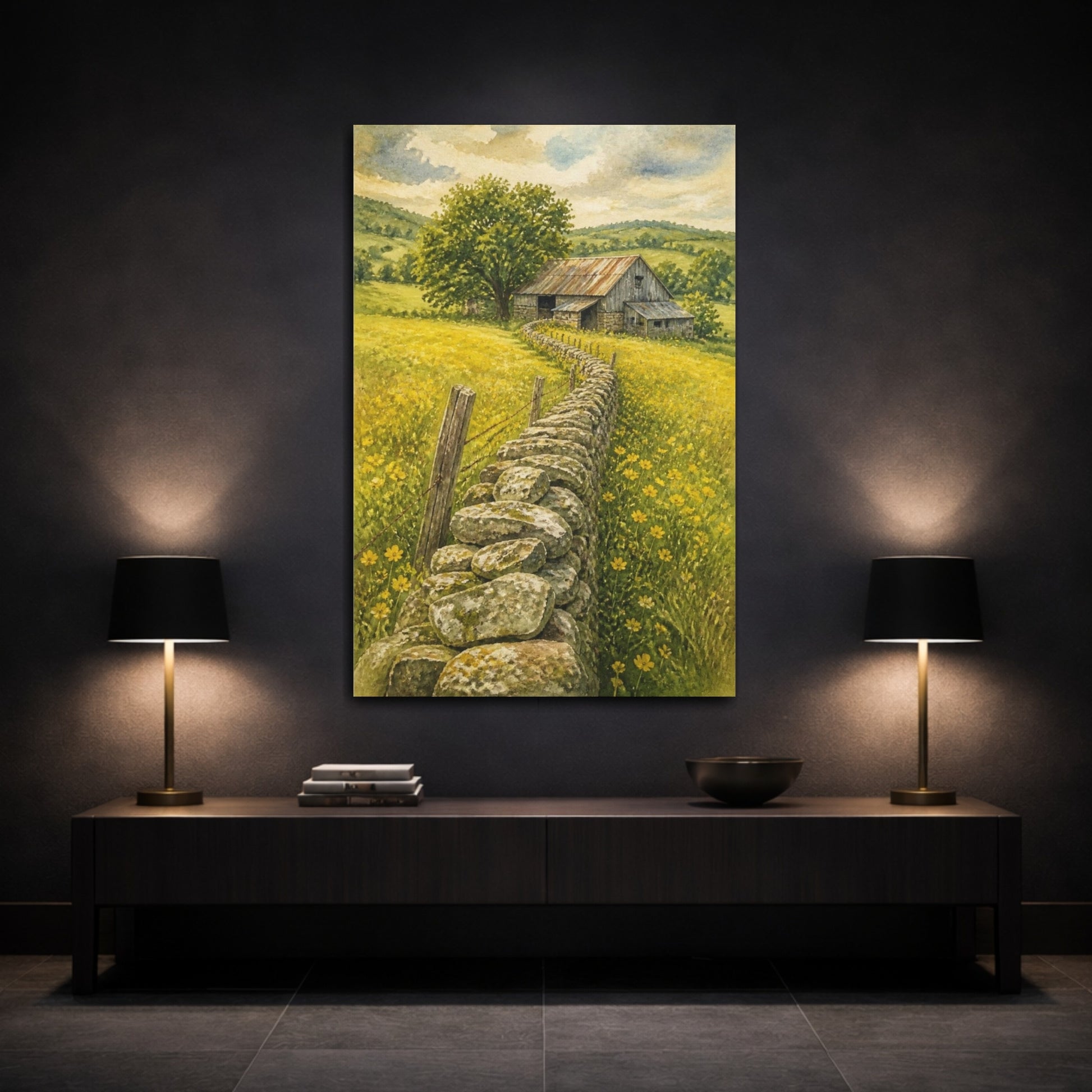 Mockup 3. Rustic Stone Wall Barn shown as canvas print