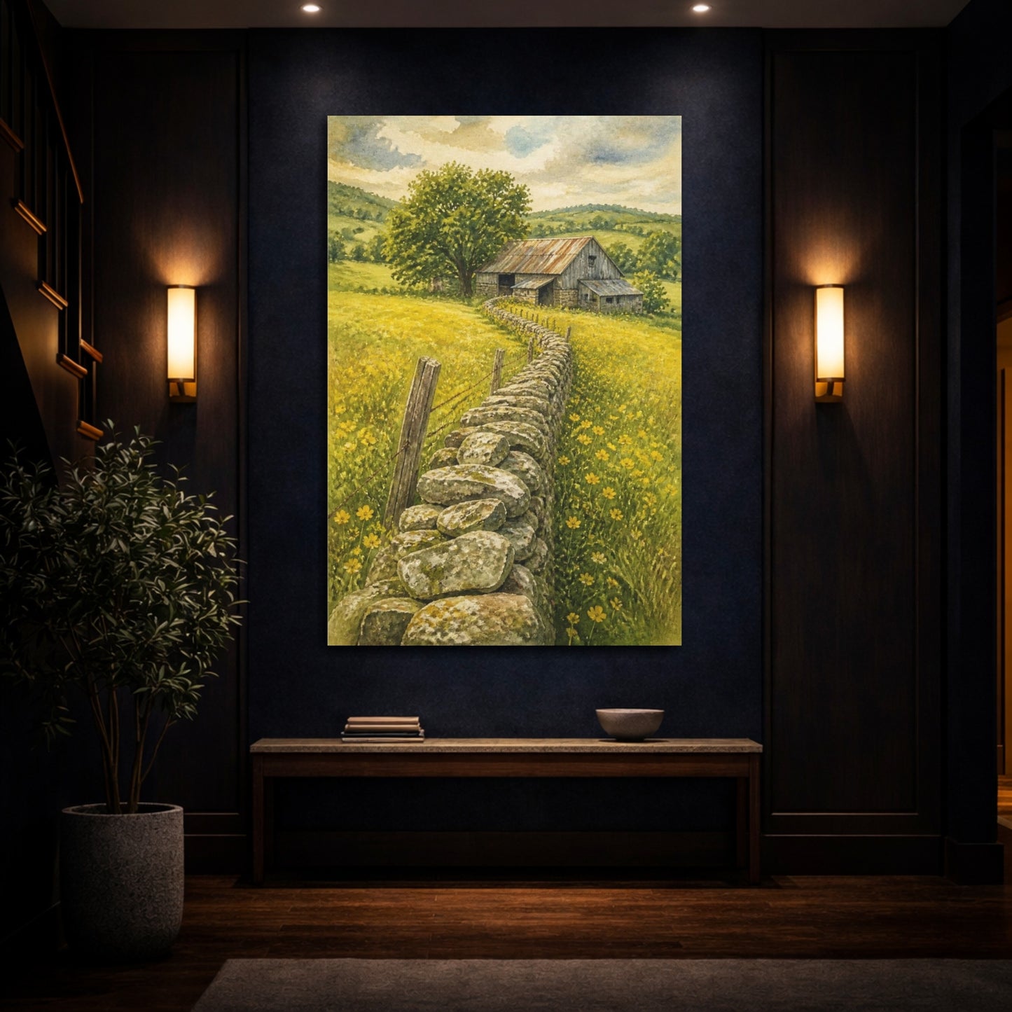 Mockup 4. Rustic Stone Wall Barn shown as canvas print
