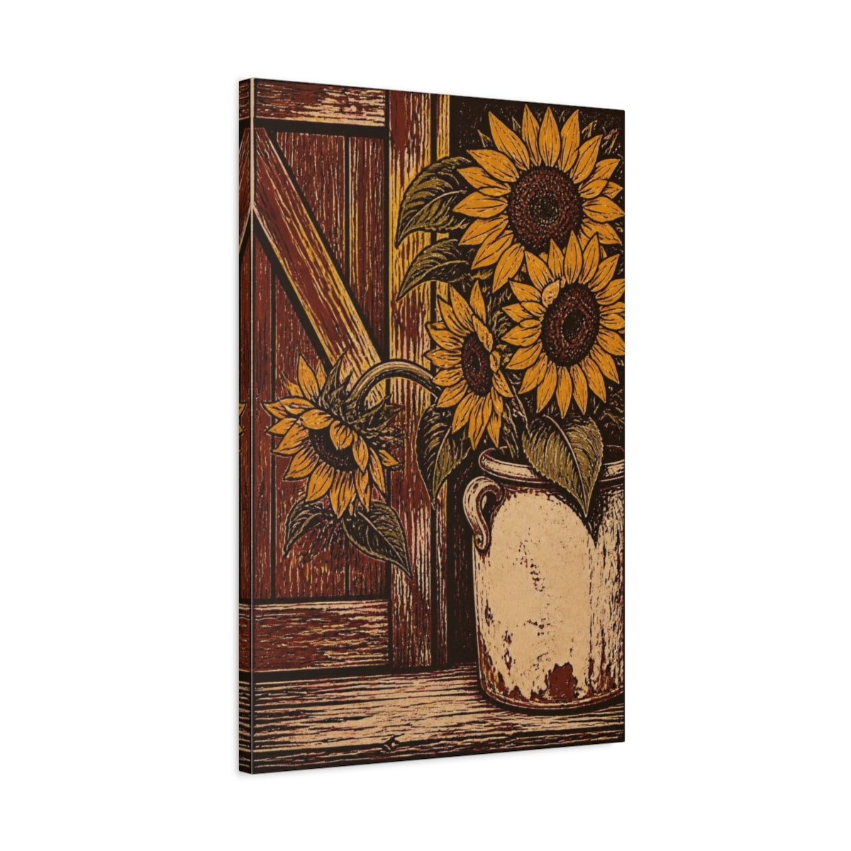 Side Mockup 2. Rustic Sunflower Crock shown as canvas print