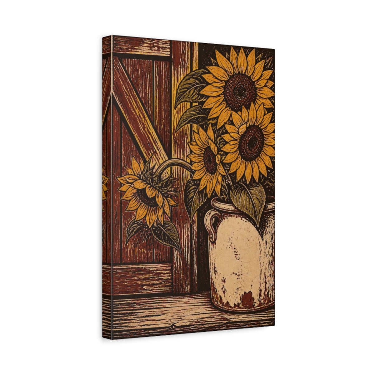 Side Mockup 4. Rustic Sunflower Crock shown as canvas print