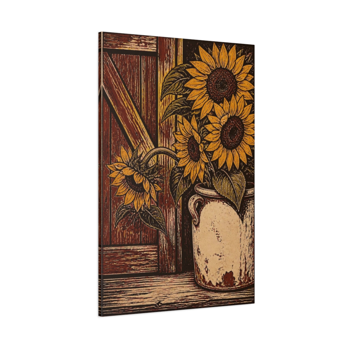 Side Mockup 1. Rustic Sunflower Crock shown as canvas print