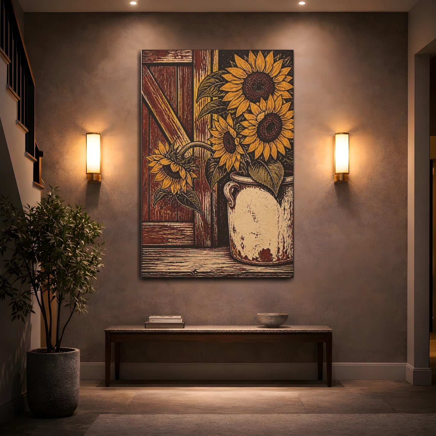 Mockup 2. Rustic Sunflower Crock shown as canvas print