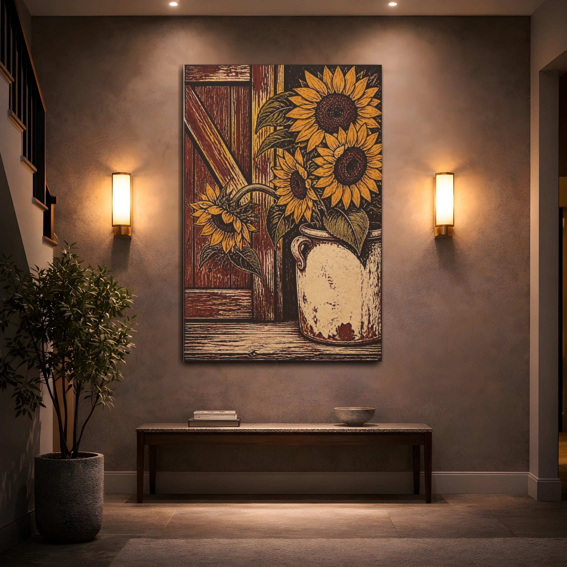 Mockup 2. Rustic Sunflower Crock shown as canvas print