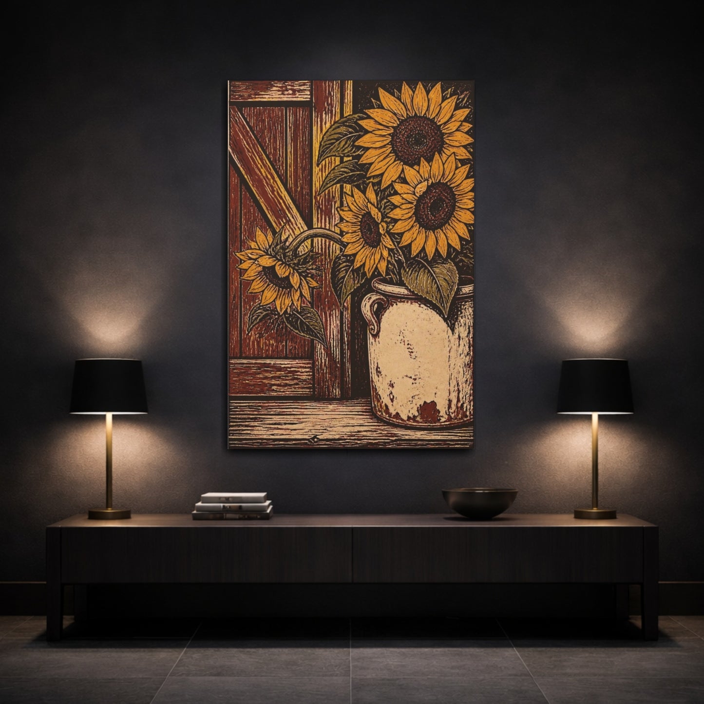 Mockup 3. Rustic Sunflower Crock shown as canvas print
