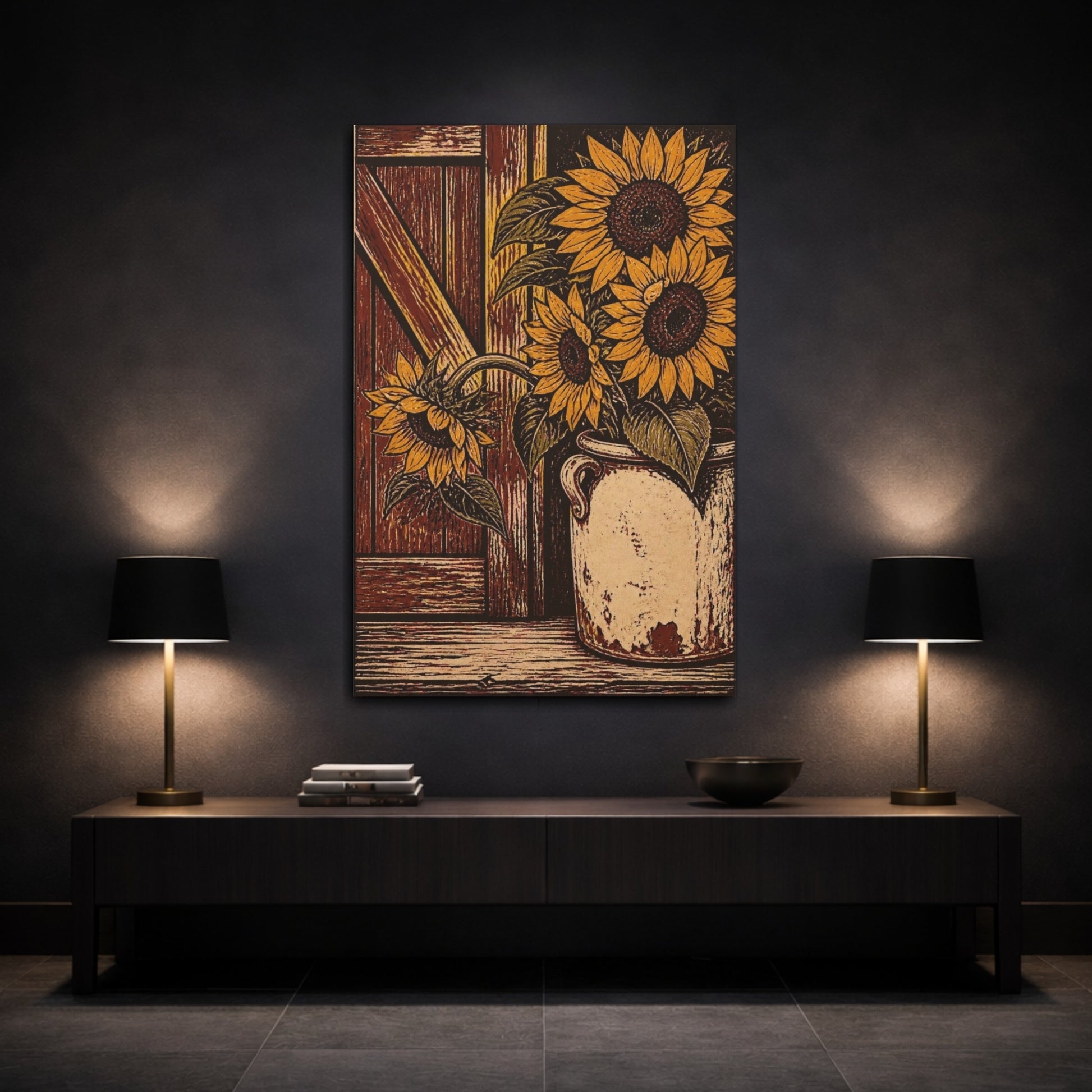 Mockup 3. Rustic Sunflower Crock shown as canvas print