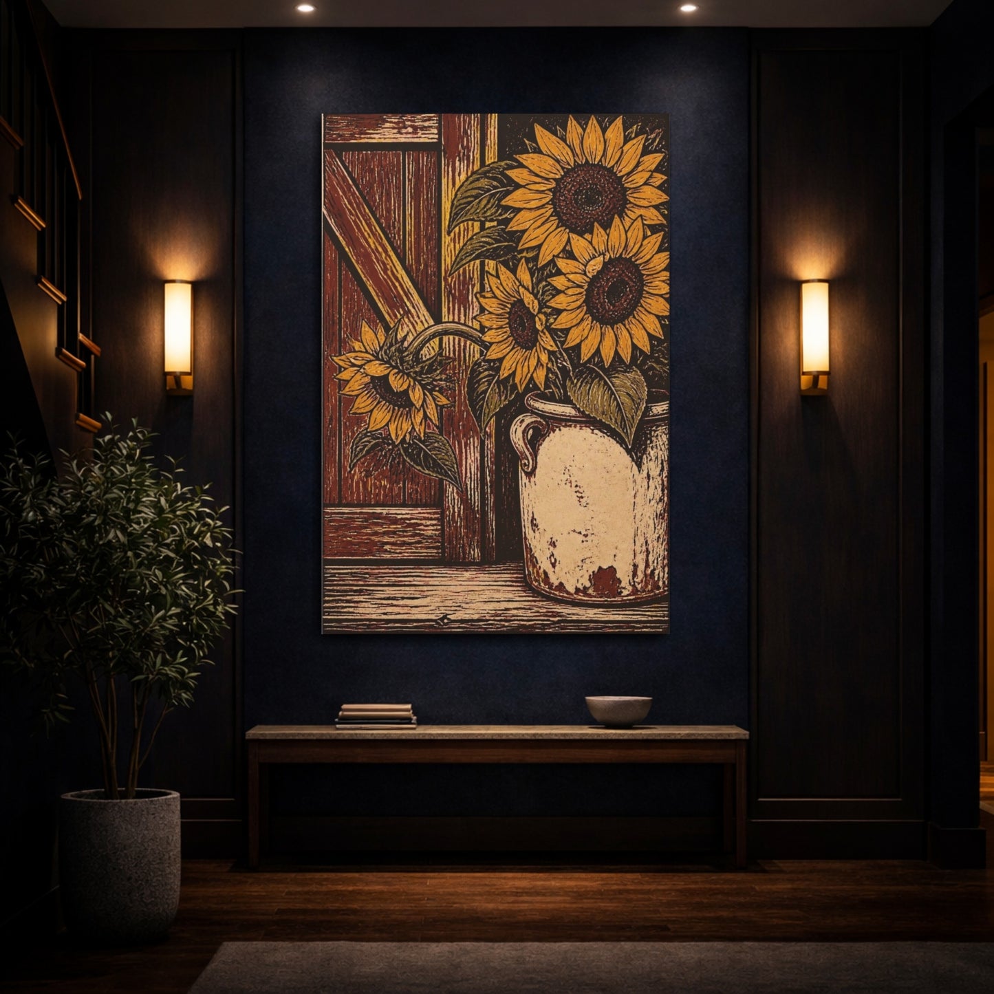 Mockup 4. Rustic Sunflower Crock shown as canvas print