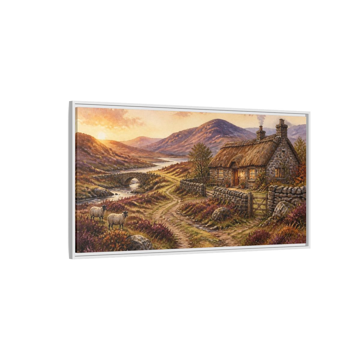 Side Mockup 3. Rustic Thatched Cottage Retreat shown as framed canvas print