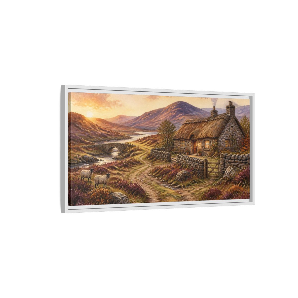 Side Mockup 1. Rustic Thatched Cottage Retreat shown as framed canvas print