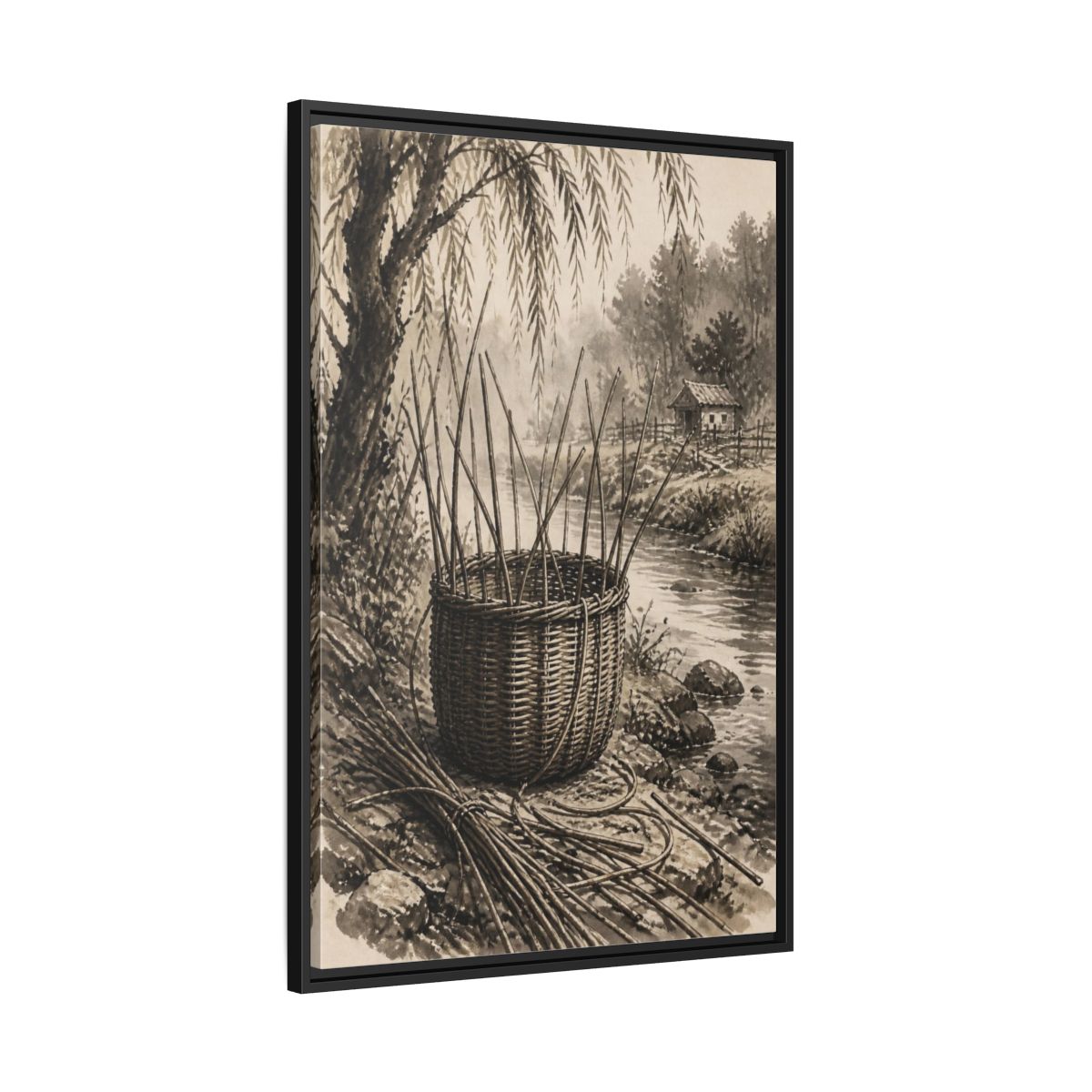 Side Mockup 13. Rustic Wicker Basket shown as framed canvas print