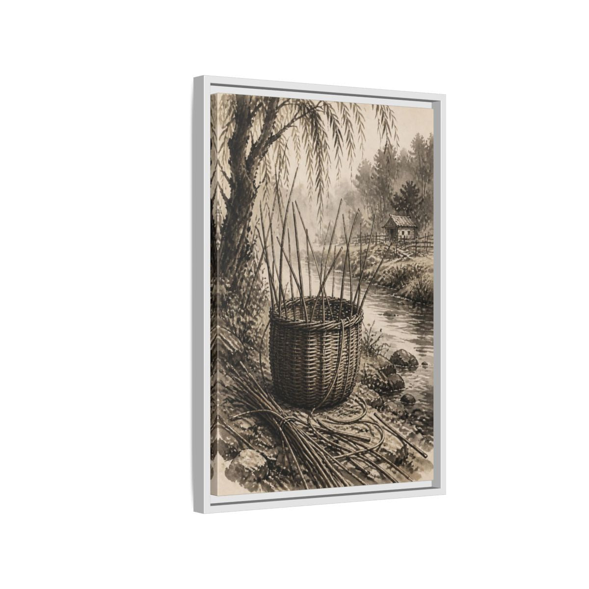 Side Mockup 1. Rustic Wicker Basket shown as framed canvas print