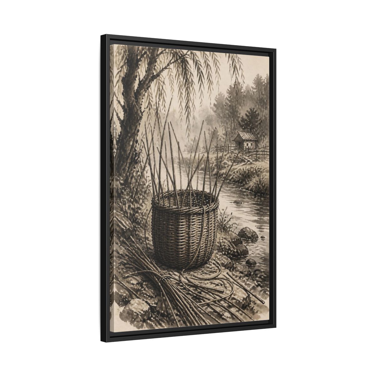 Side Mockup 14. Rustic Wicker Basket shown as framed canvas print