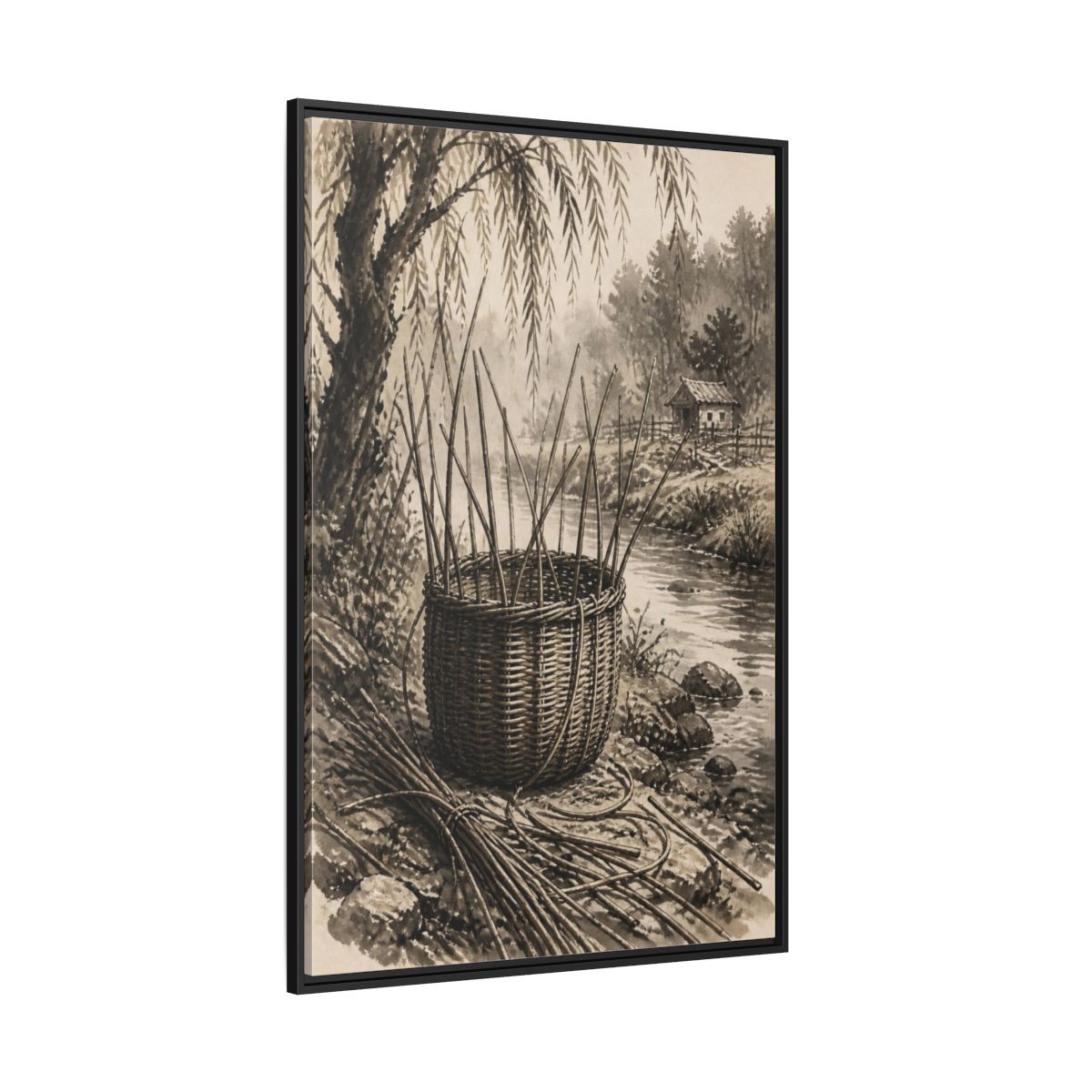 Side Mockup 12. Rustic Wicker Basket shown as framed canvas print