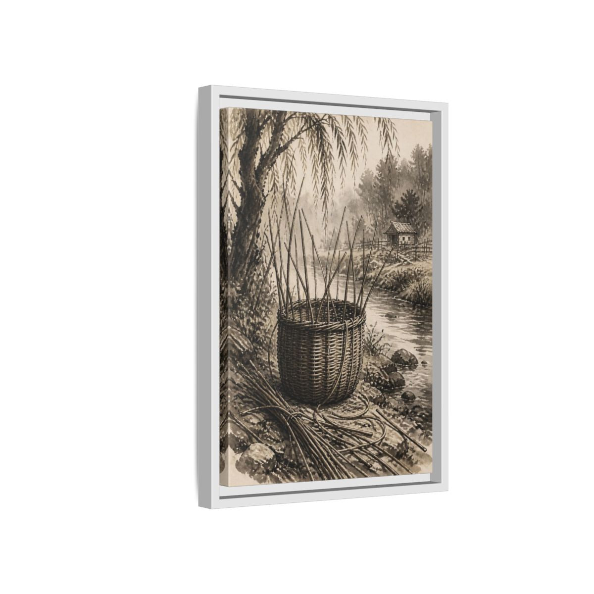 Side Mockup 4. Rustic Wicker Basket shown as framed canvas print