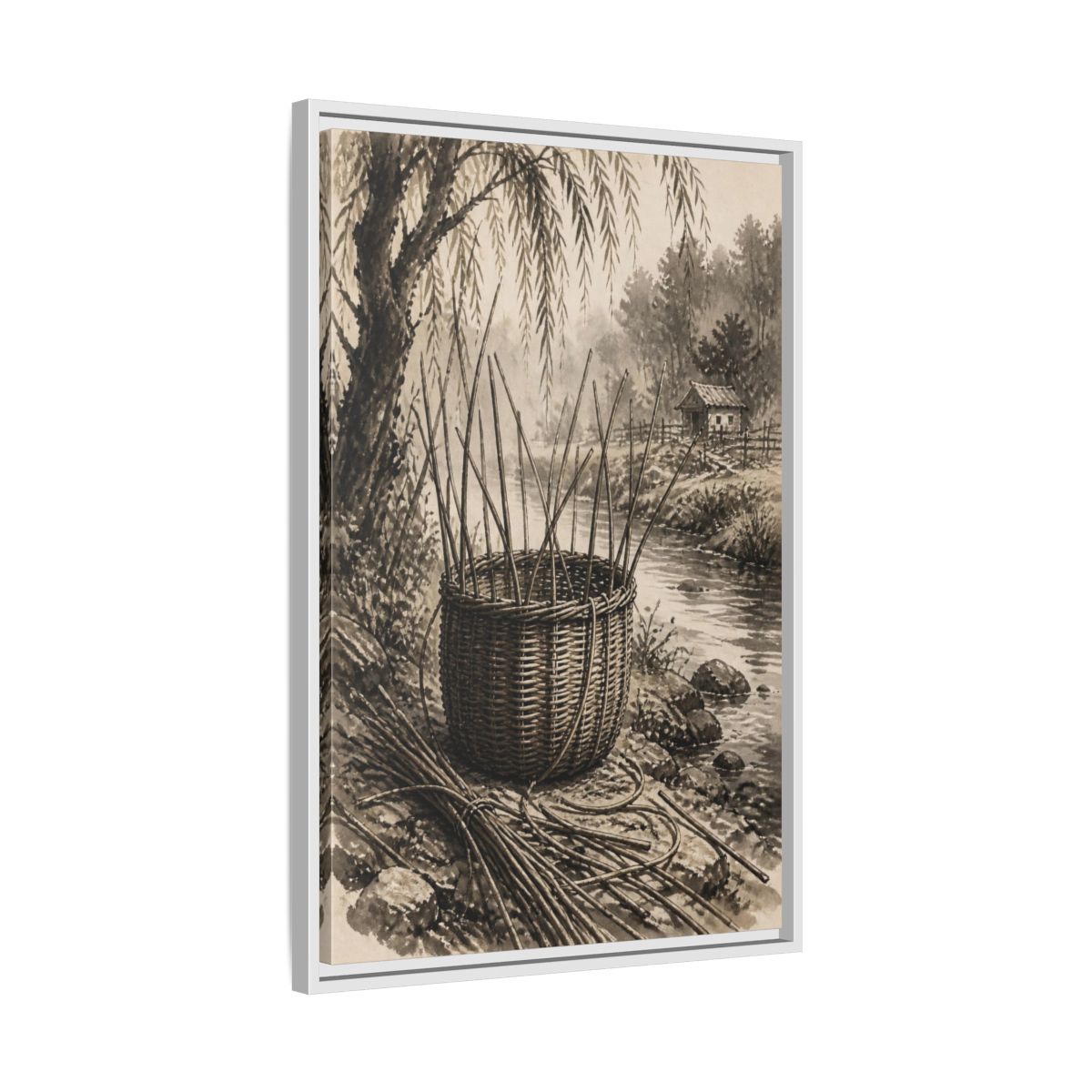 Side Mockup 10. Rustic Wicker Basket shown as framed canvas print