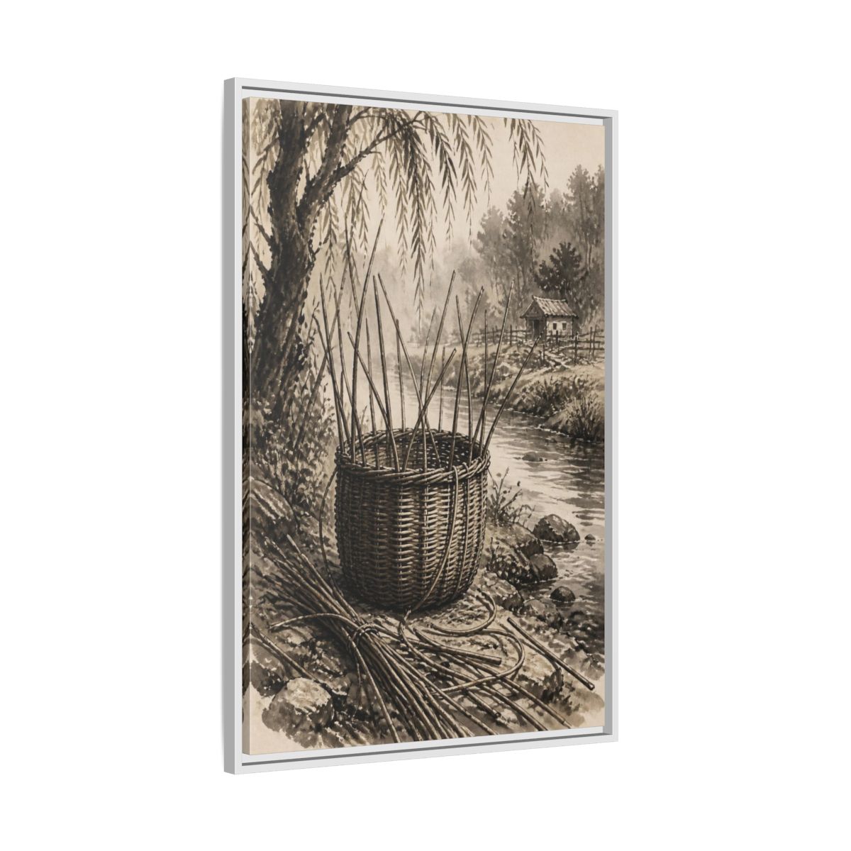 Side Mockup 9. Rustic Wicker Basket shown as framed canvas print