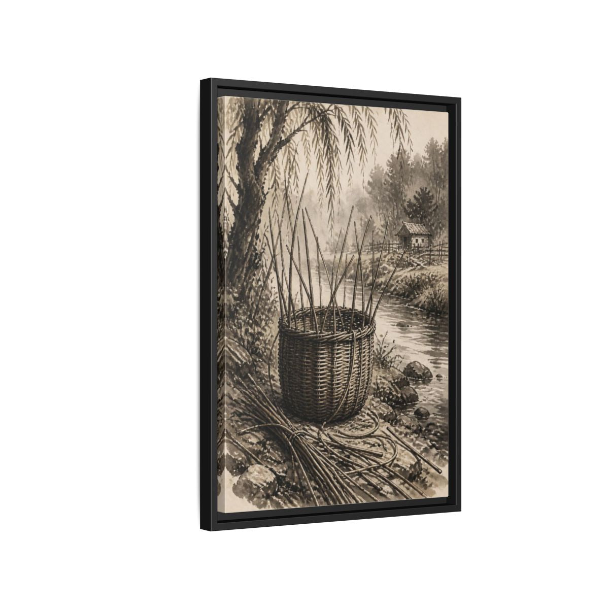 Side Mockup 3. Rustic Wicker Basket shown as framed canvas print