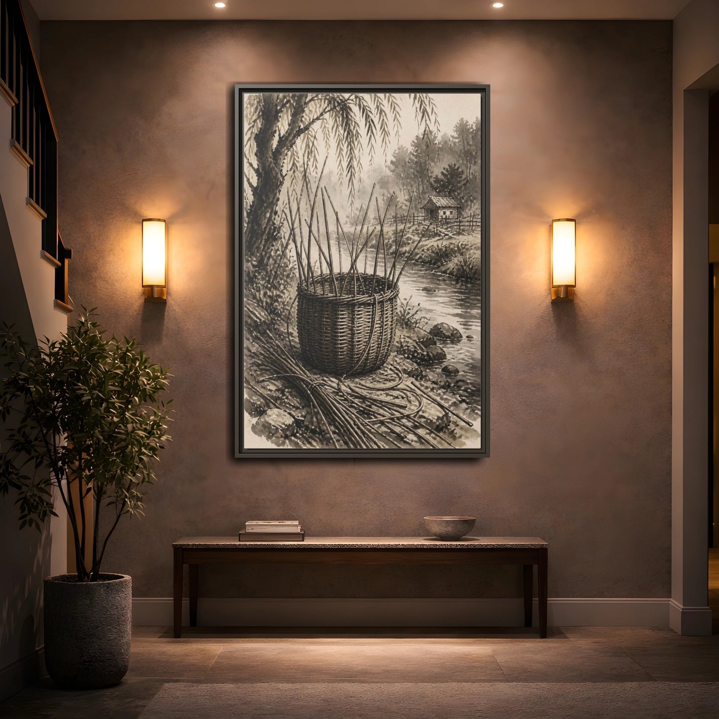 Mockup 2. Rustic Wicker Basket shown as framed canvas print