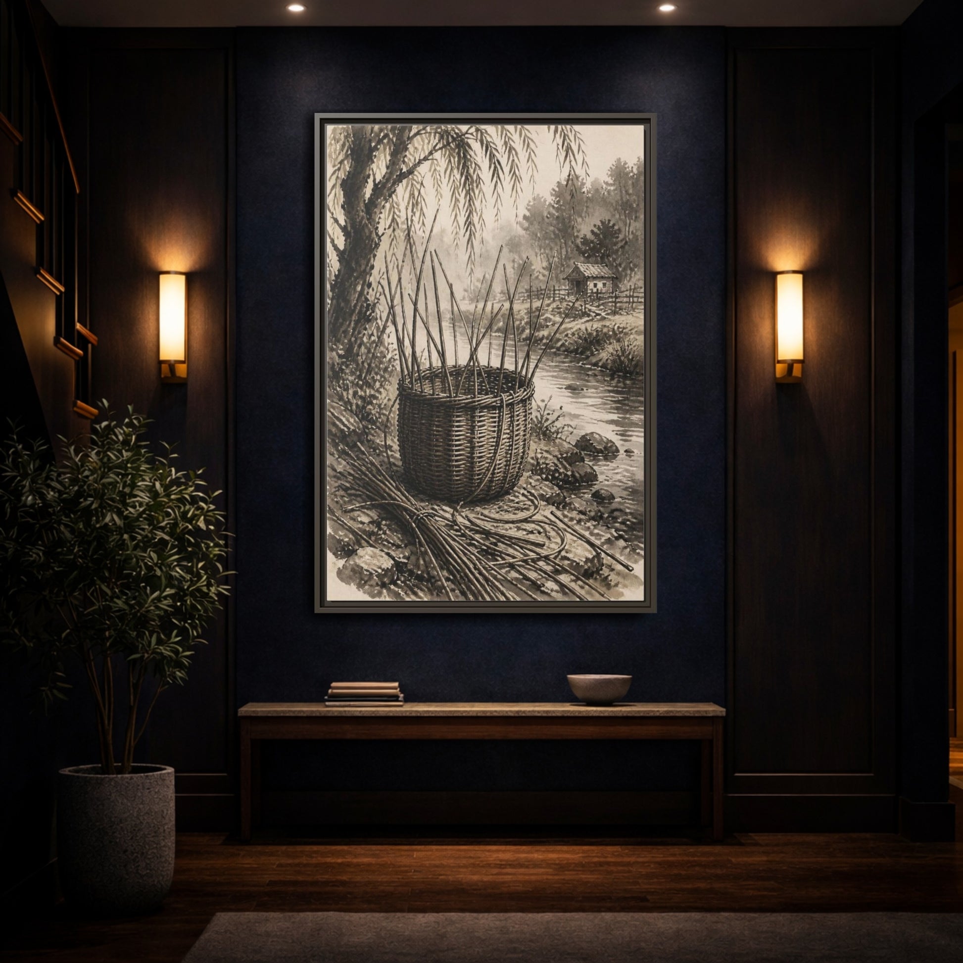 Mockup 4. Rustic Wicker Basket shown as framed canvas print