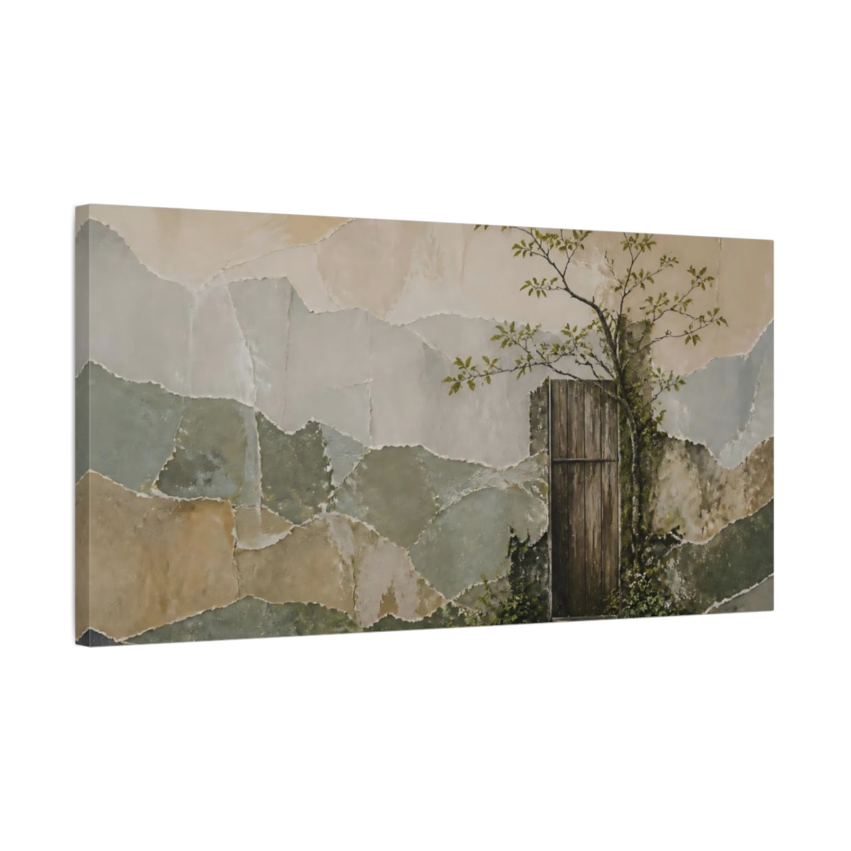 Side Mockup 1. Rustic Wooden Door & Tree shown as canvas print