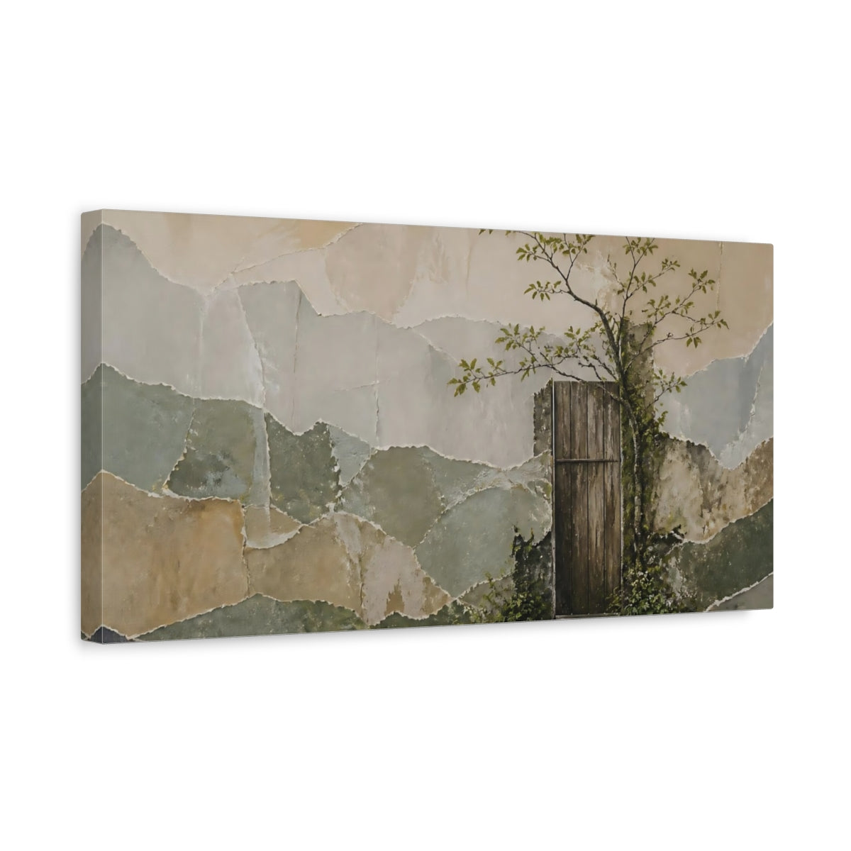 Side Mockup 3. Rustic Wooden Door & Tree shown as canvas print