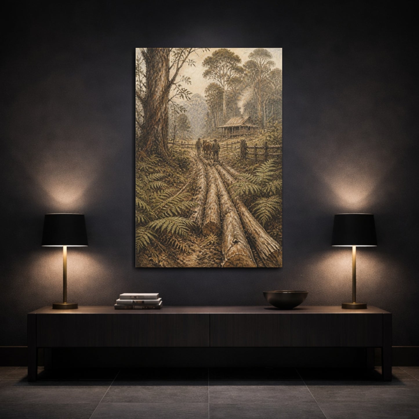 Mockup 3. Rustic Woodland Log Path shown as canvas print