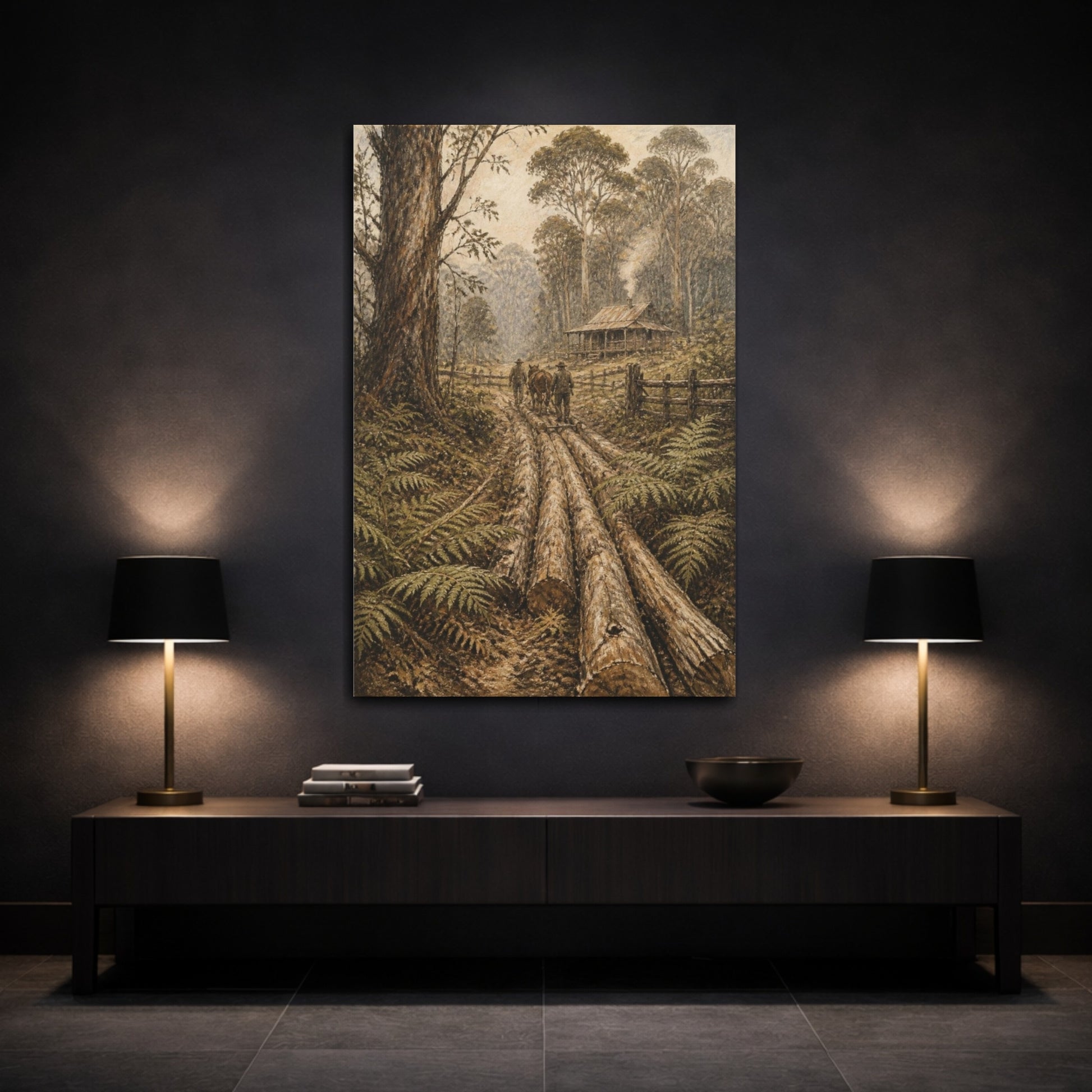 Mockup 3. Rustic Woodland Log Path shown as canvas print