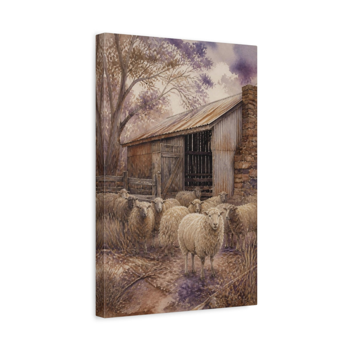 Side Mockup 4. Rustic Woolly Sheep shown as canvas print