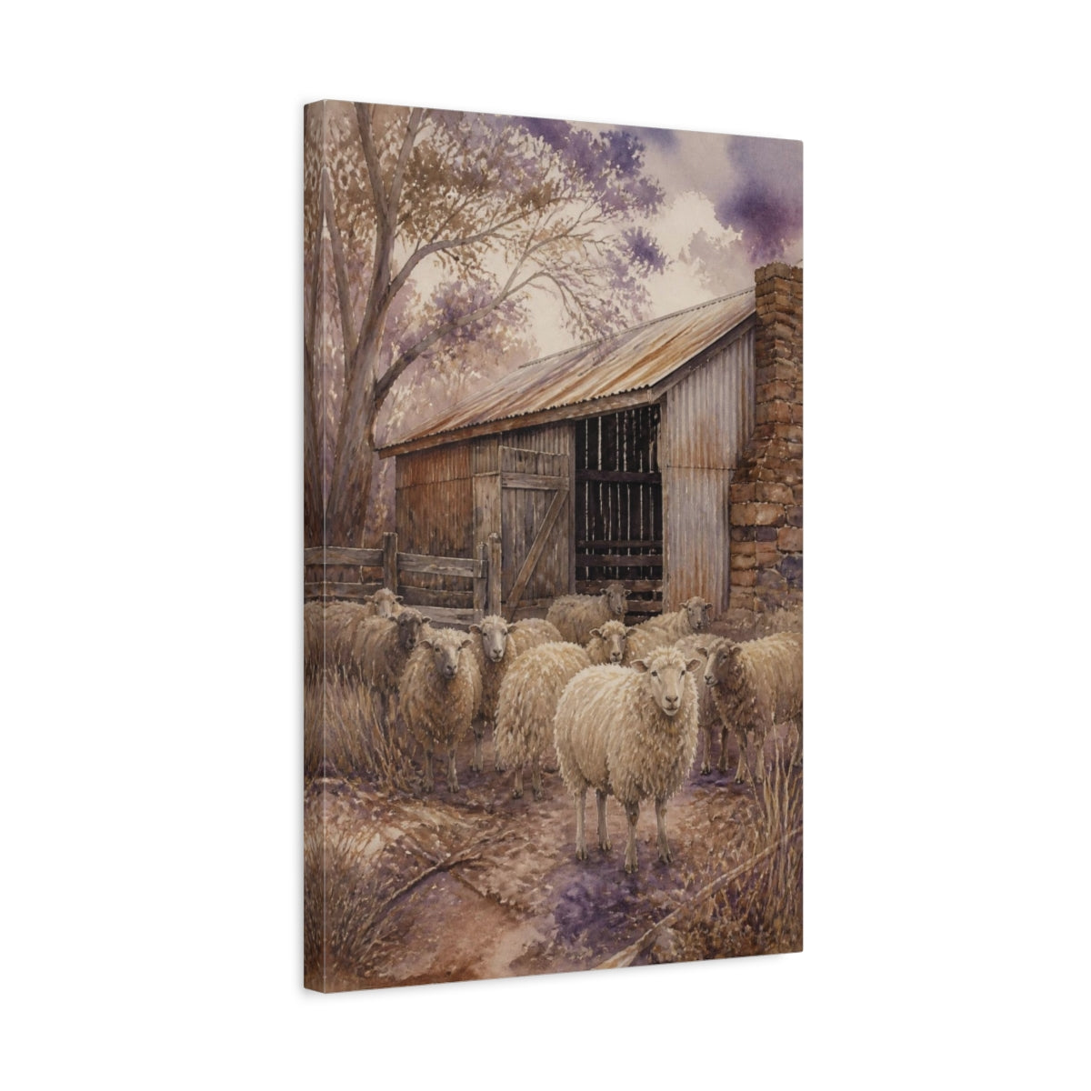 Side Mockup 3. Rustic Woolly Sheep shown as canvas print