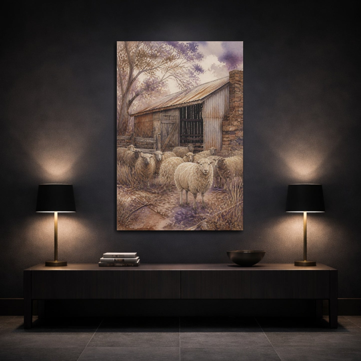 Mockup 3. Rustic Woolly Sheep shown as canvas print