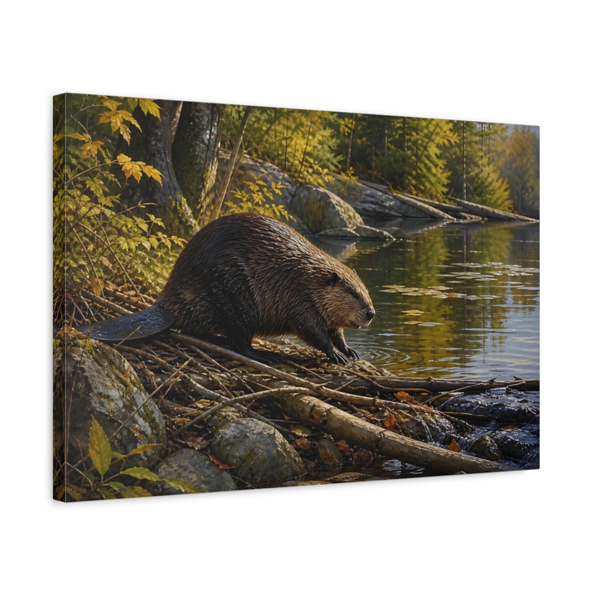 Side Mockup 3. Safari Luxury Realism Beaver Beside Quiet Woodland Pond shown as stretched canvas wall art