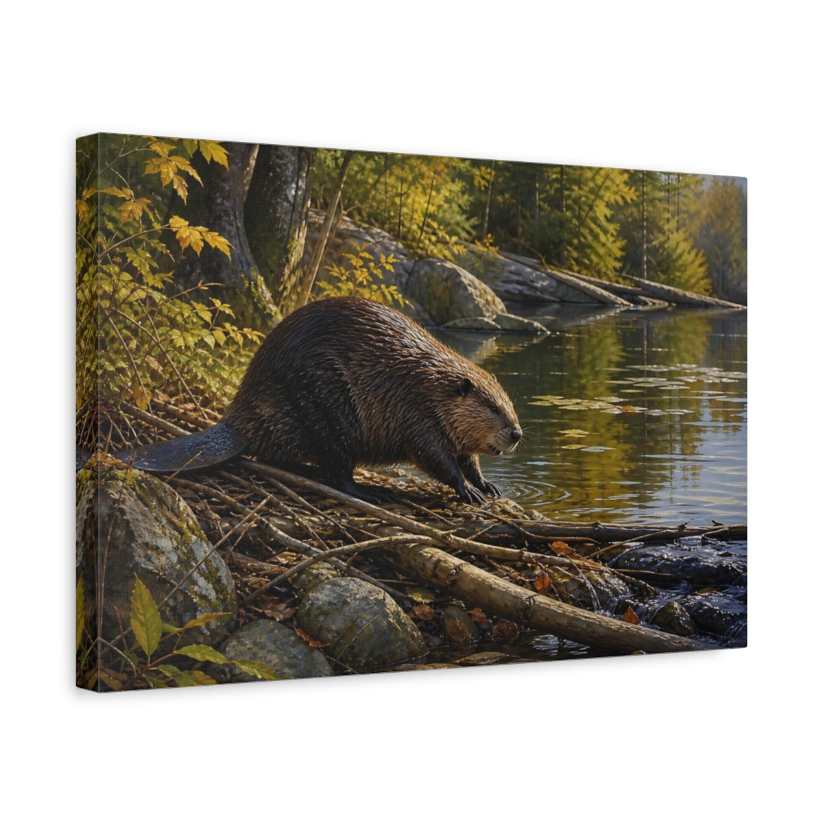 Side Mockup 4. Safari Luxury Realism Beaver Beside Quiet Woodland Pond shown as stretched canvas wall art