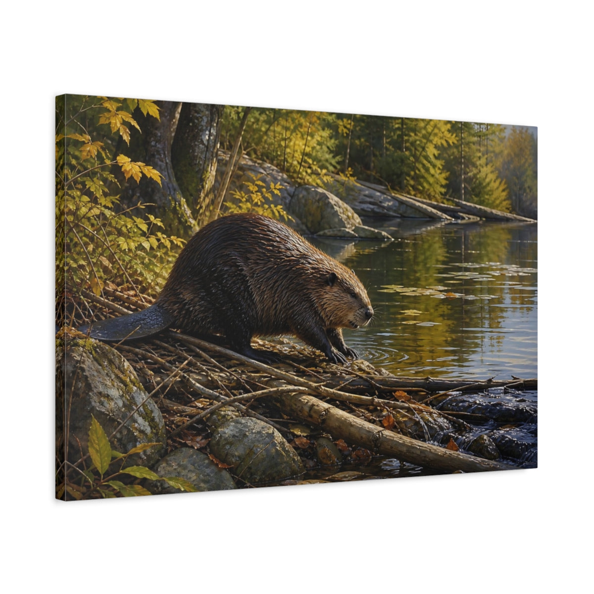 Side Mockup 2. Safari Luxury Realism Beaver Beside Quiet Woodland Pond shown as stretched canvas wall art