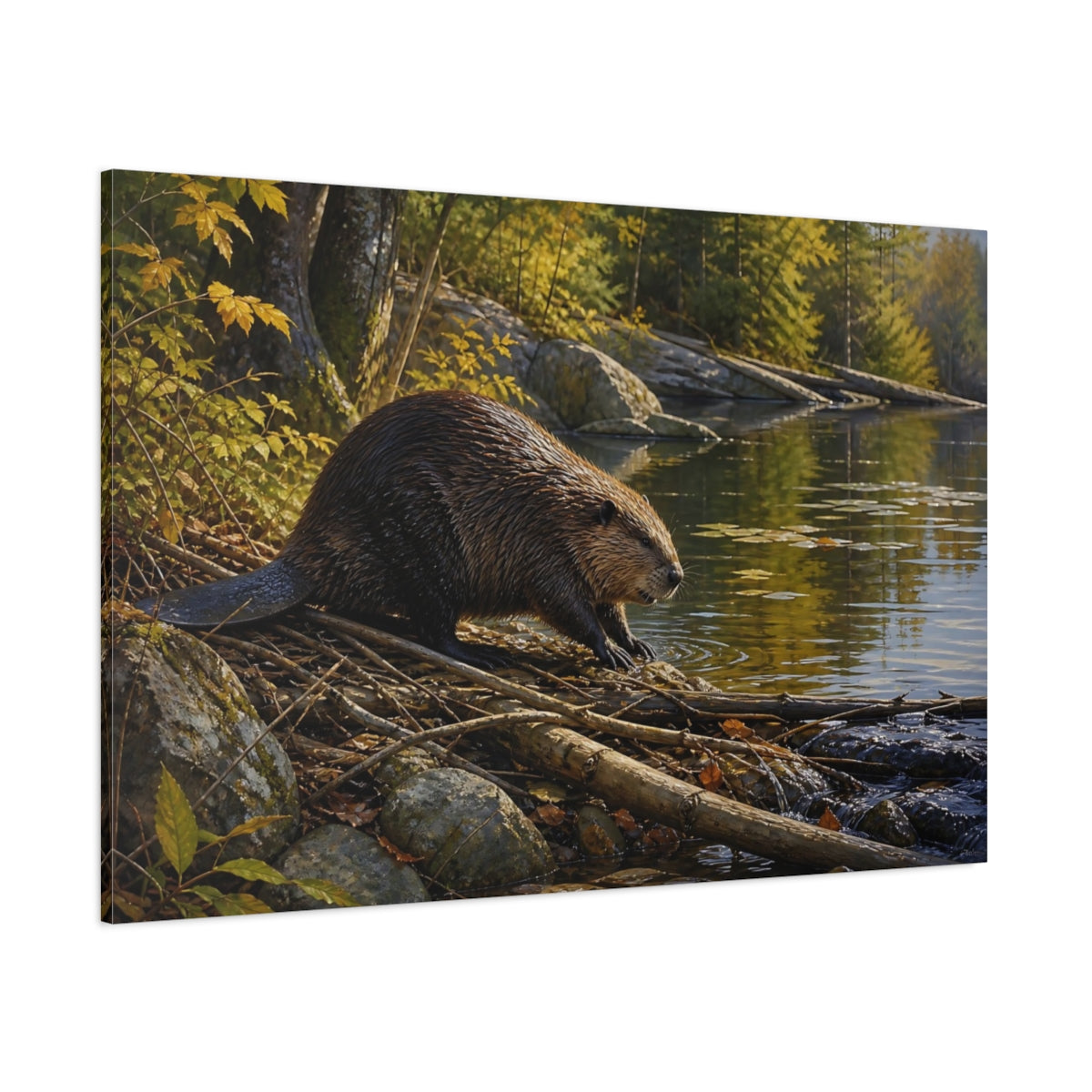 Side Mockup 1. Safari Luxury Realism Beaver Beside Quiet Woodland Pond shown as stretched canvas wall art