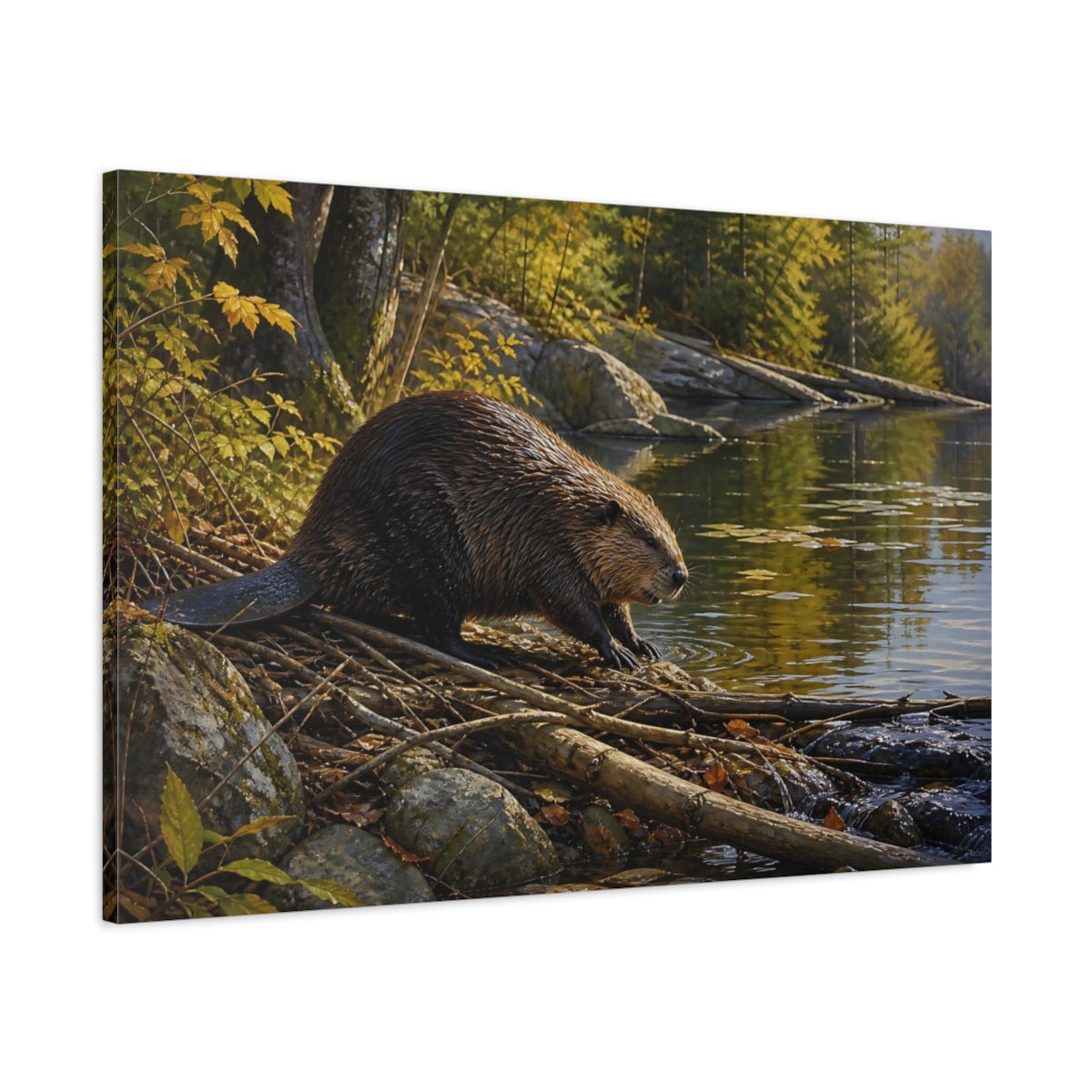 Main Mockup. Safari Luxury Realism Beaver Beside Quiet Woodland Pond shown as stretched canvas wall art