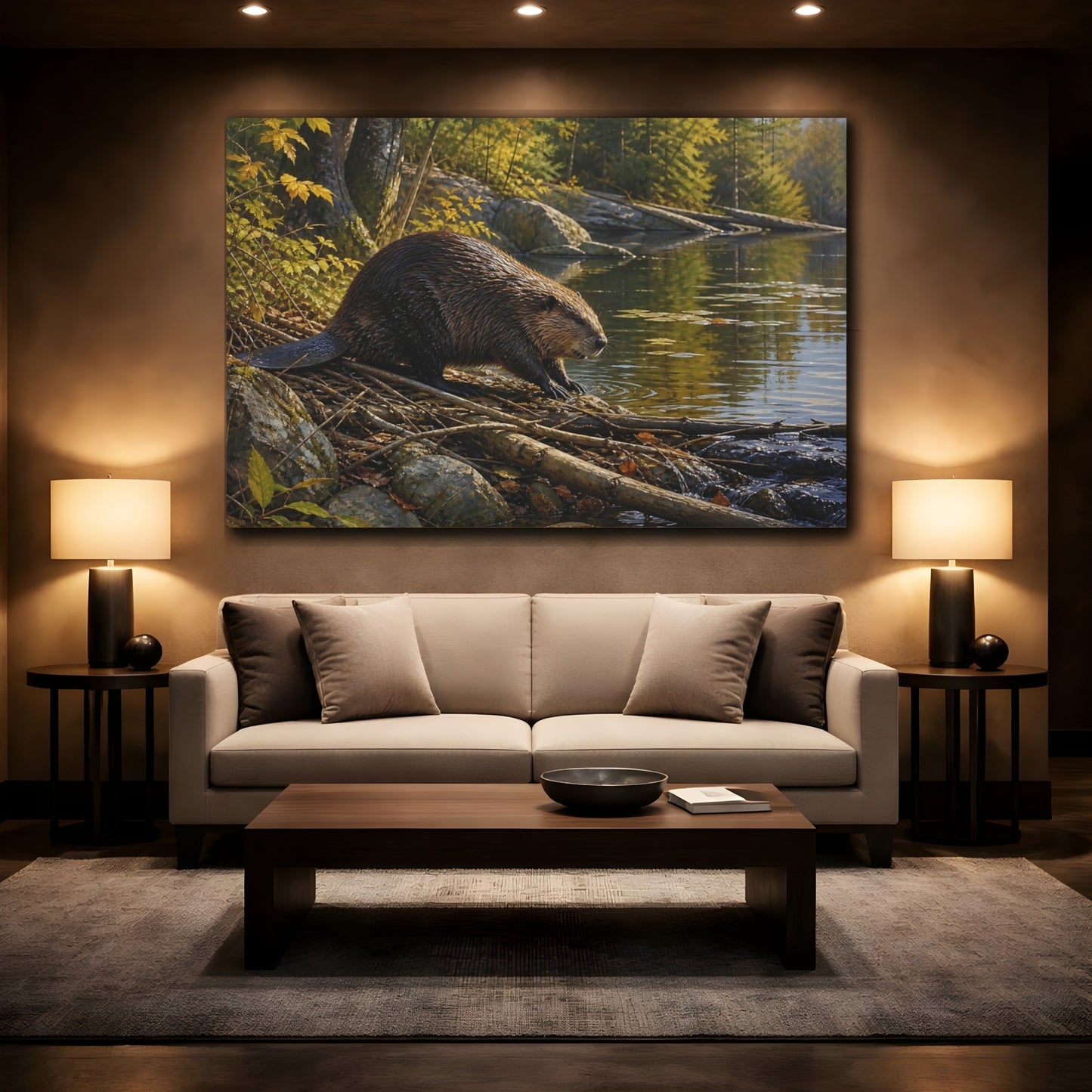 Mockup 2. Safari Luxury Realism Beaver Beside Quiet Woodland Pond shown as stretched canvas wall art