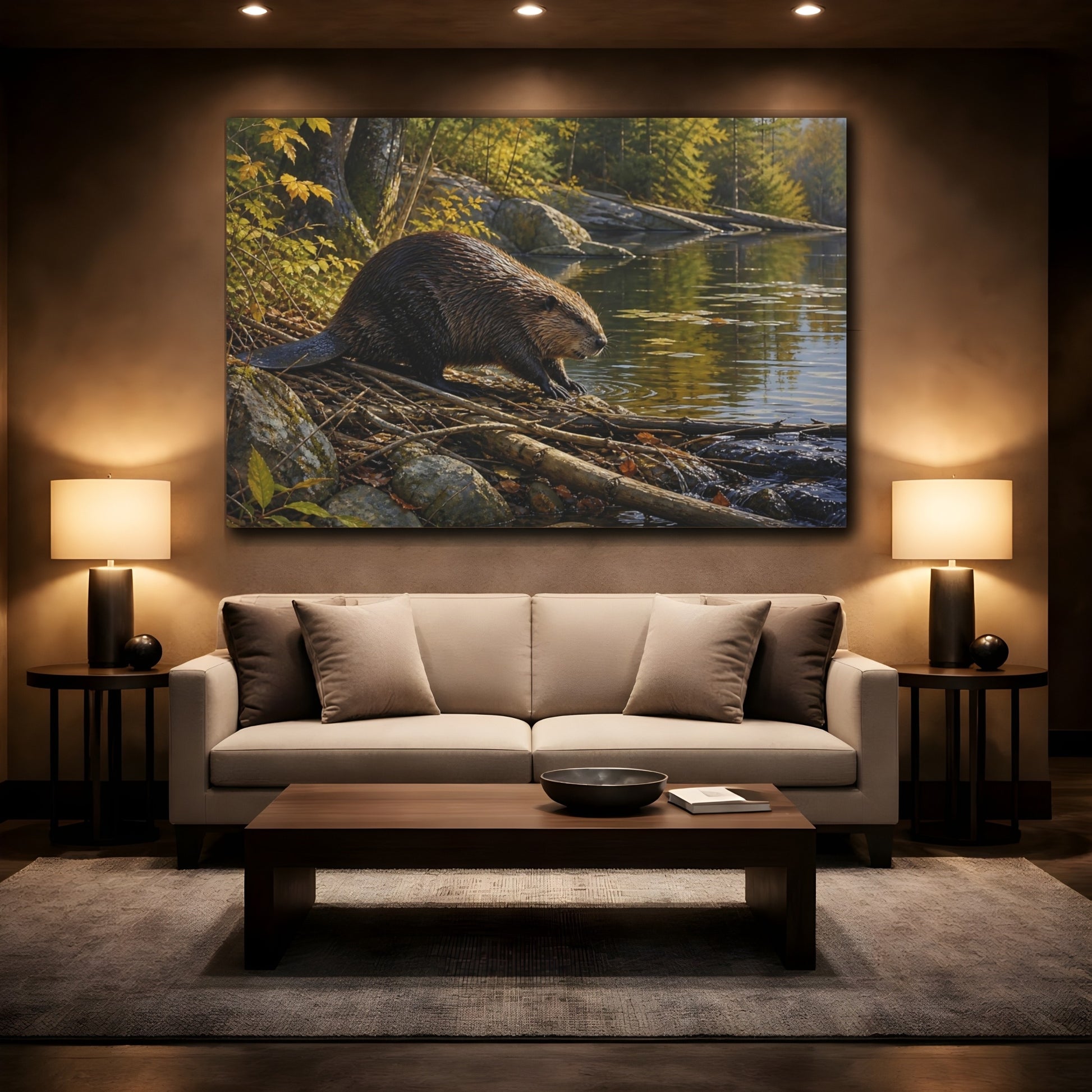 Mockup 2. Safari Luxury Realism Beaver Beside Quiet Woodland Pond shown as stretched canvas wall art