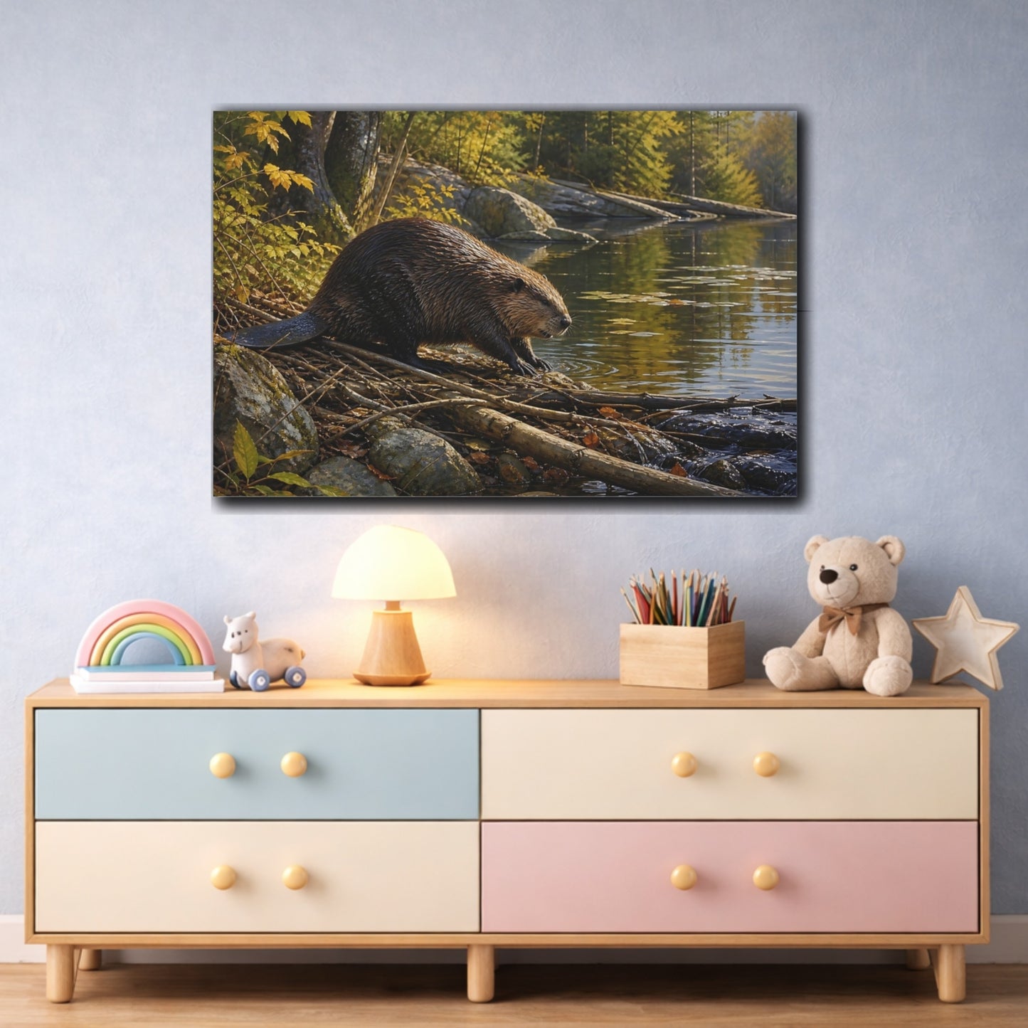 Mockup 3. Safari Luxury Realism Beaver Beside Quiet Woodland Pond shown as stretched canvas wall art