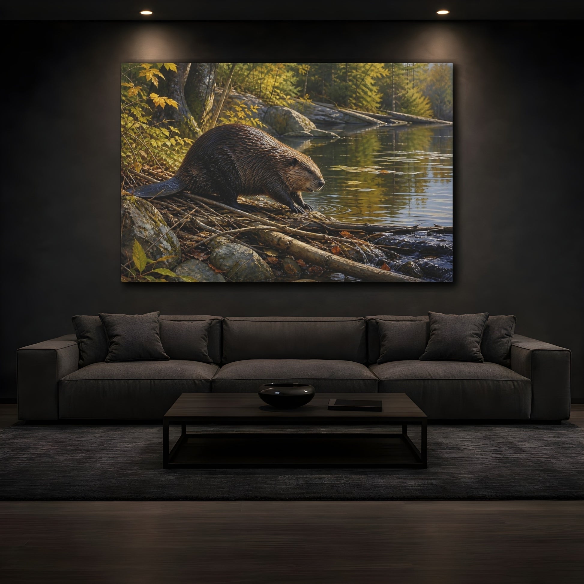 Mockup 4. Safari Luxury Realism Beaver Beside Quiet Woodland Pond shown as stretched canvas wall art